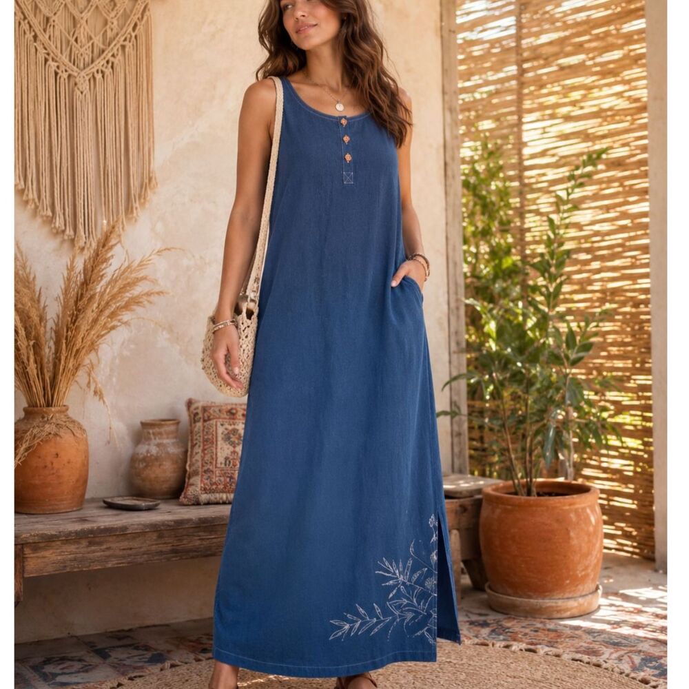 Vintage Blue Denim Look Jumper Maxi Dress Boho Cottagecore Prairie Size L